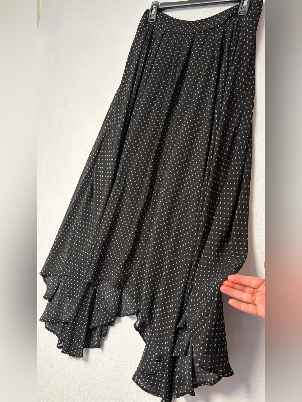 Free People Black Tan Polka Dot Asymmetrical Handkerchief Maxi Skirt Boho Size L - Picture 5 of 9
